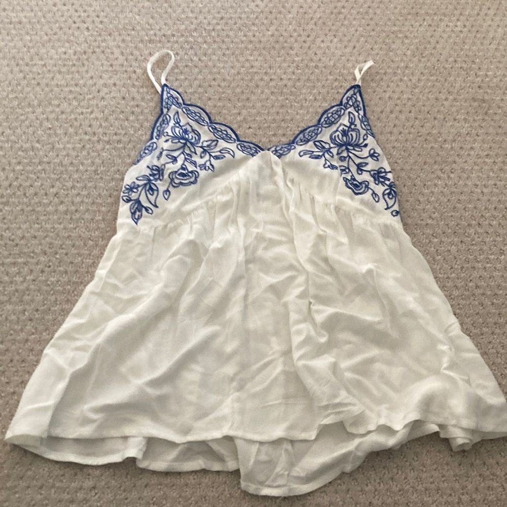 White and Blue Embroidered Tank Top